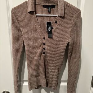 White House Black Market Ribbed Button-Up Sweater - Mocha